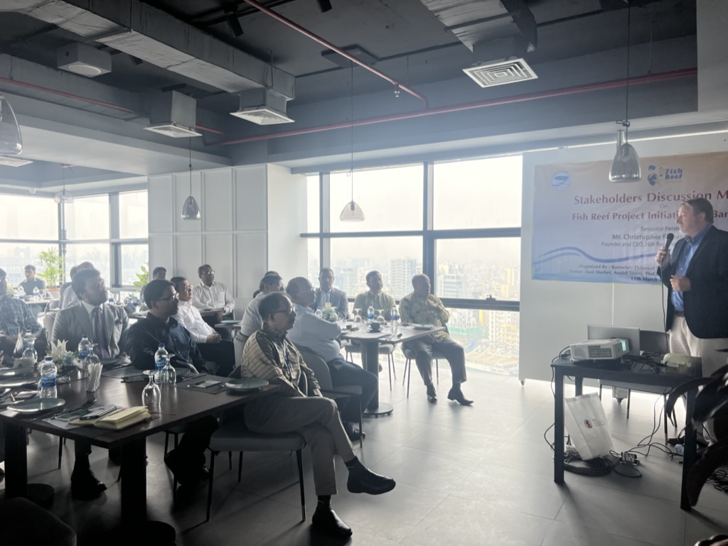 Chris Goldblatt speaking in in Dakah with high ranking politicians, the World Banking Group, major Seafood Companies, leading Bangladeshi Marine Biology and Oceanography professors and member of the public.